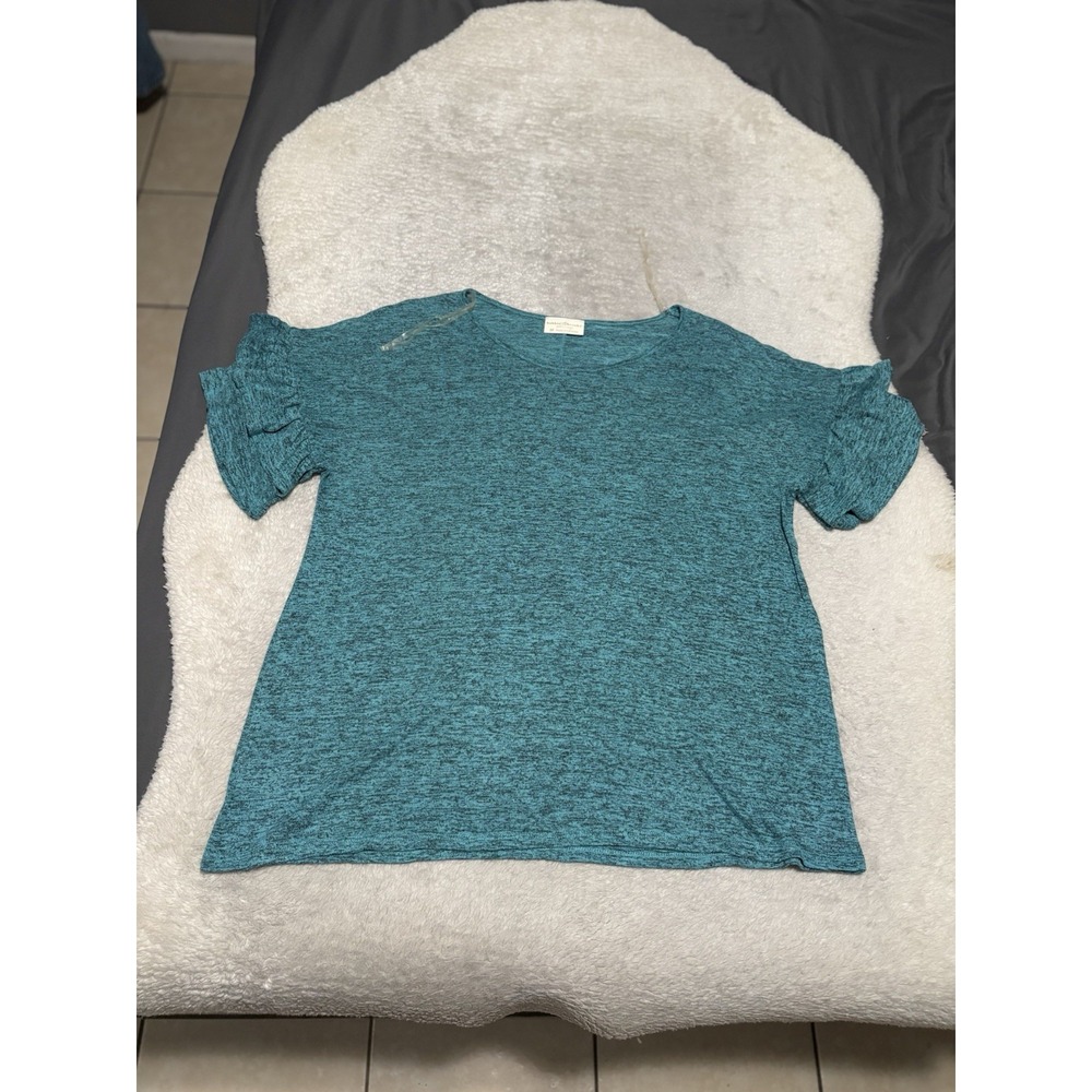 Bobbie Brooks 2X Top New Teal Heathered Short Sleeve Double Ruffle Knit Blouse